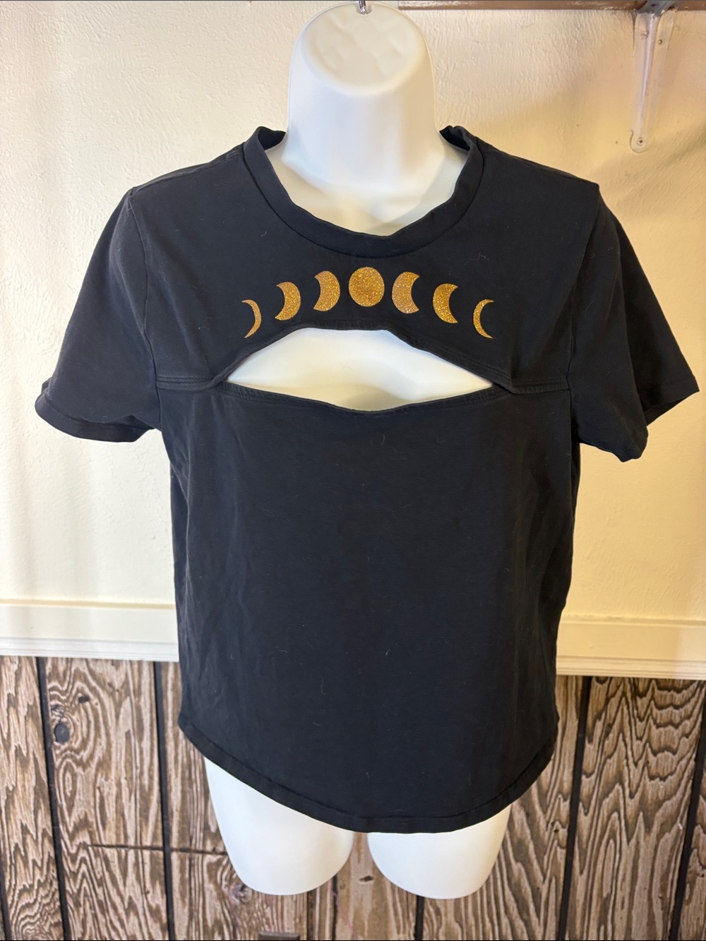 Hot Topic Black Crop Top with Gold Moon Phase Cutout Detail